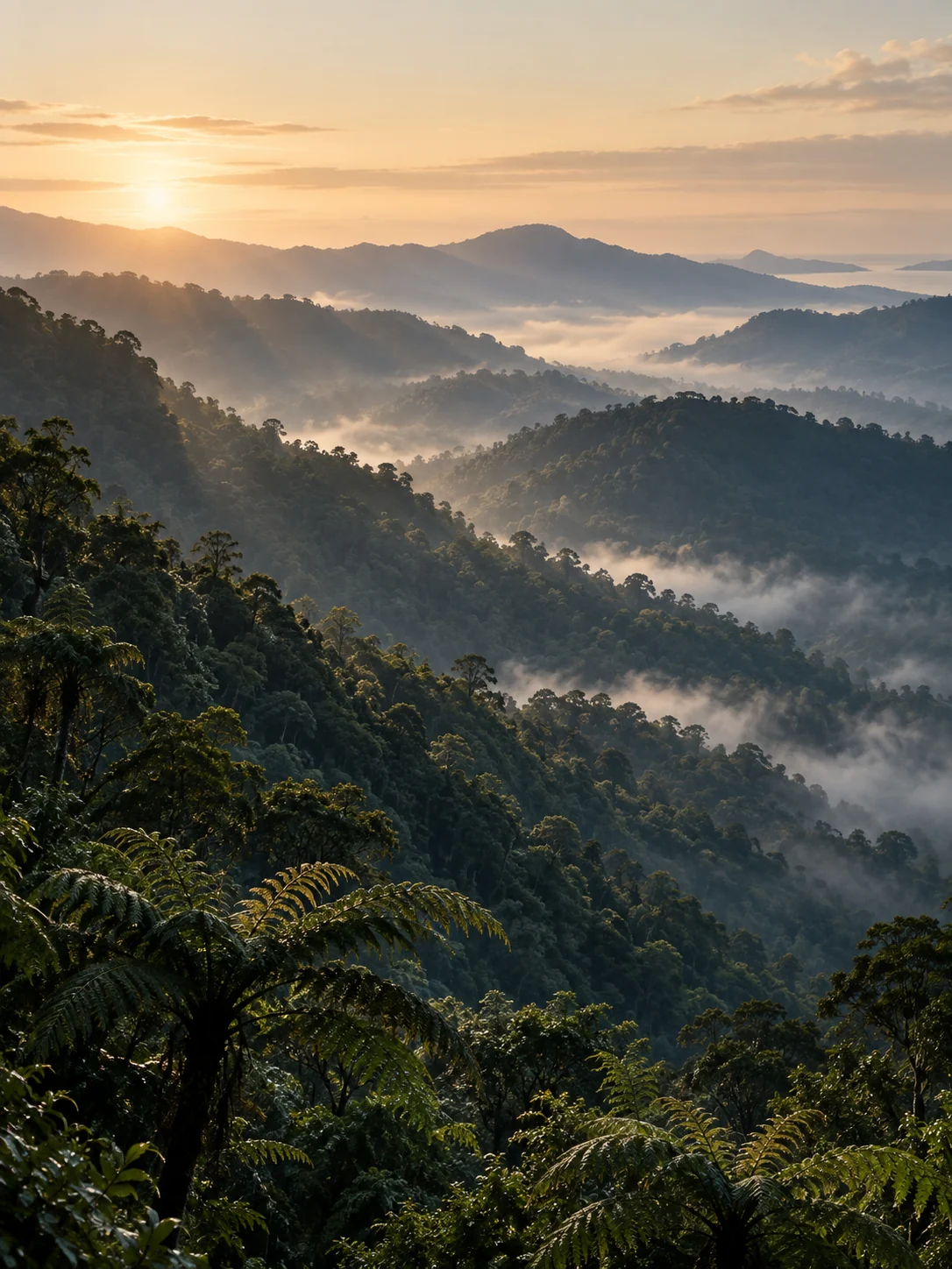 Kaimai landscape artwork with forested ridgelines emerging through morning mist