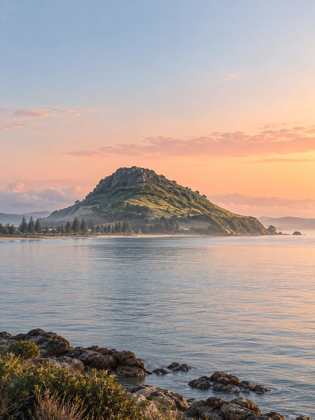 Mauao artwork across calm harbour water at dawn