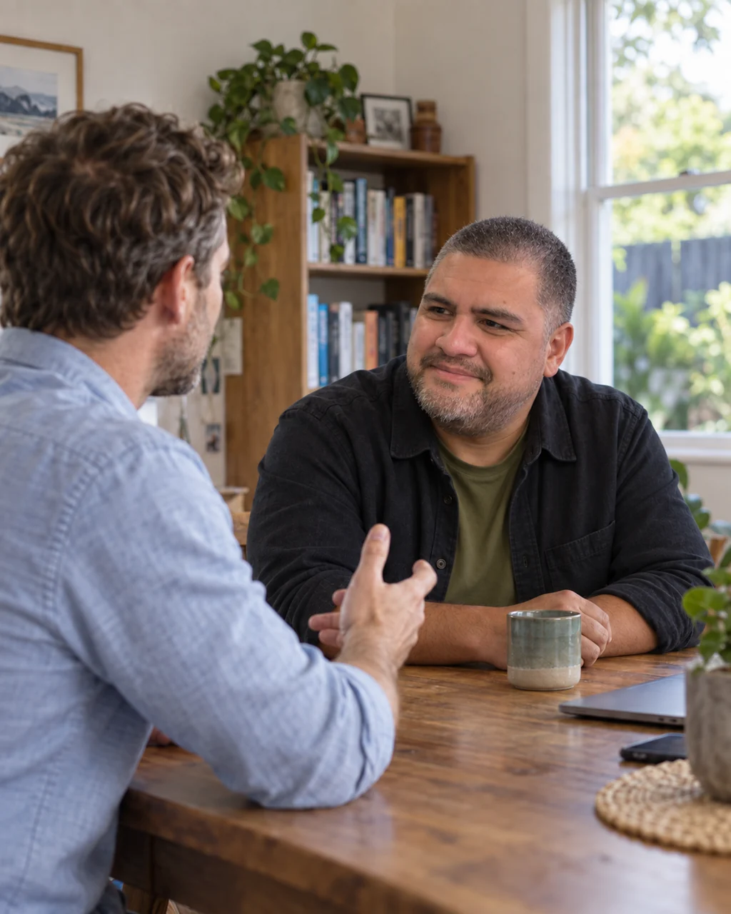 Artwork of Kory listening to a client in a home workspace