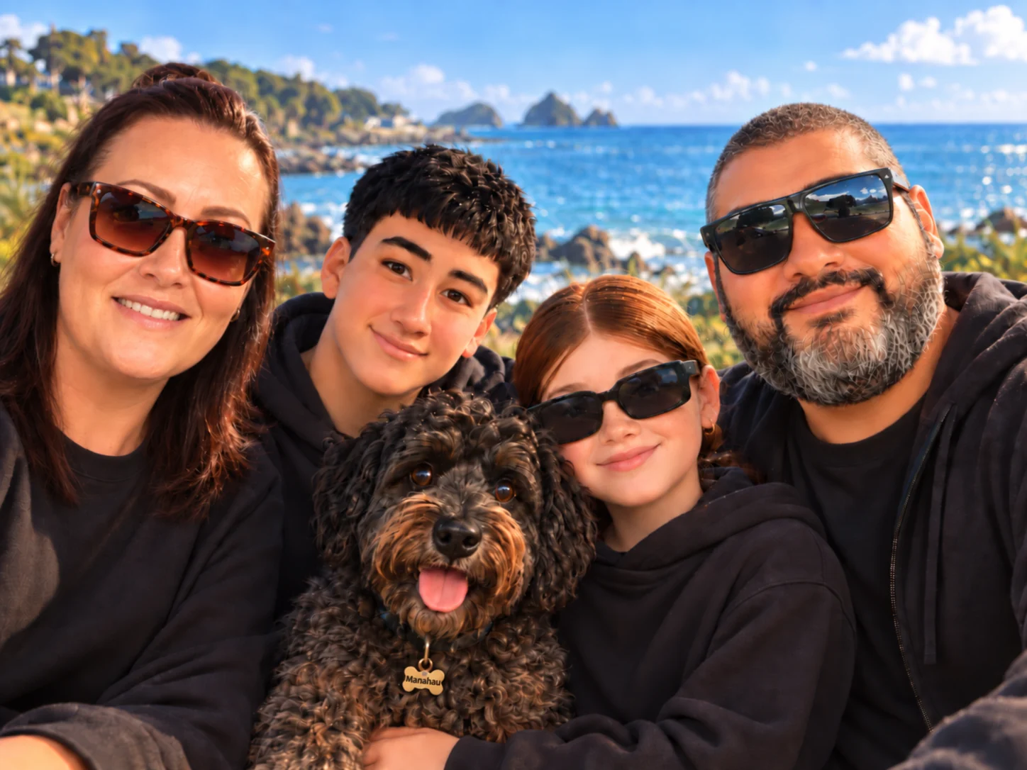 Kory with his family and their dog by the coast