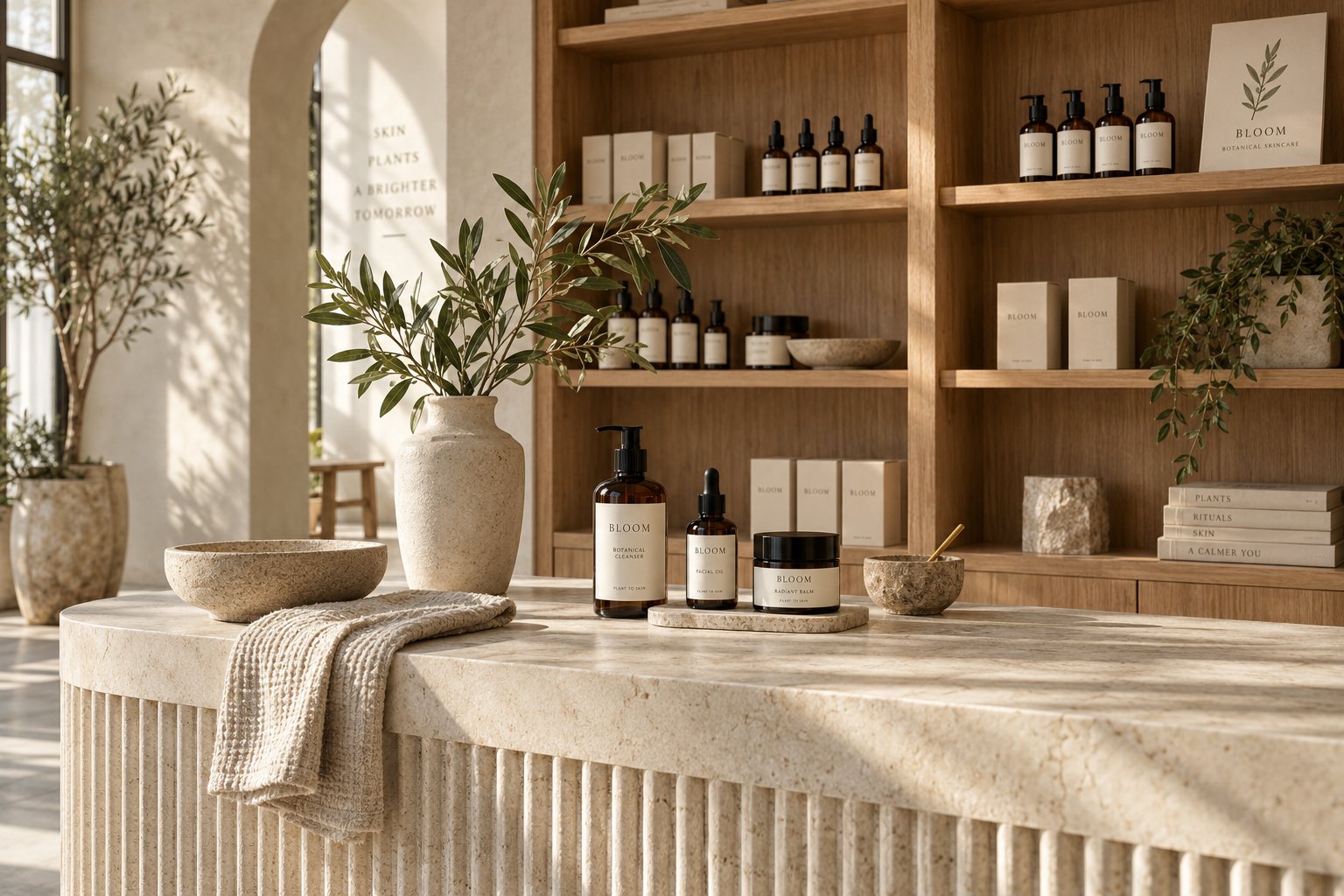 Warm oak apothecary shelves and Bloom products on limestone