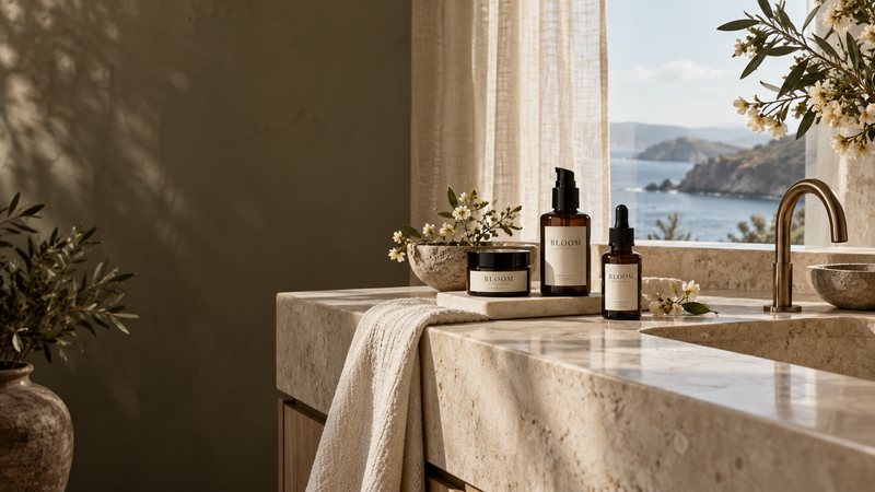 Bloom skincare beside a limestone basin