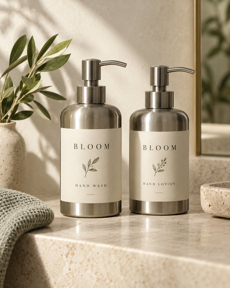 Bloom hand wash and lotion on a warm stone vanity