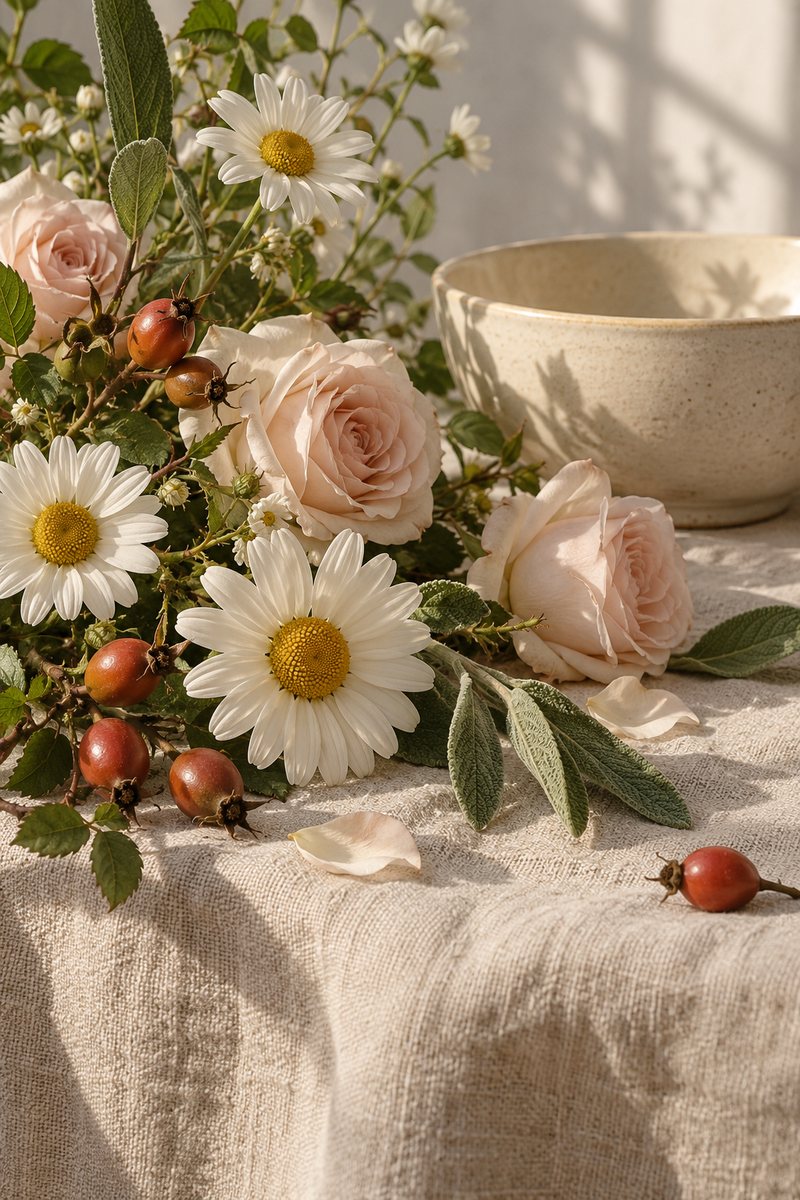 Cream daisies beside a ceramic bowl