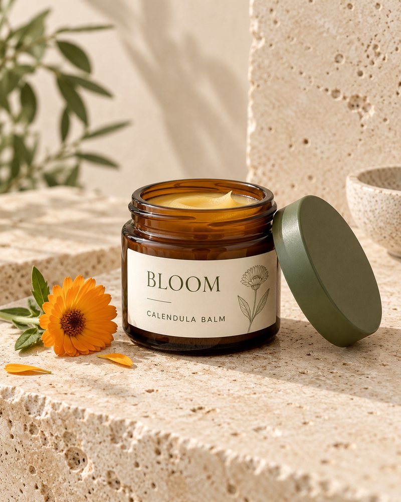 Bloom balm jar on warm stone