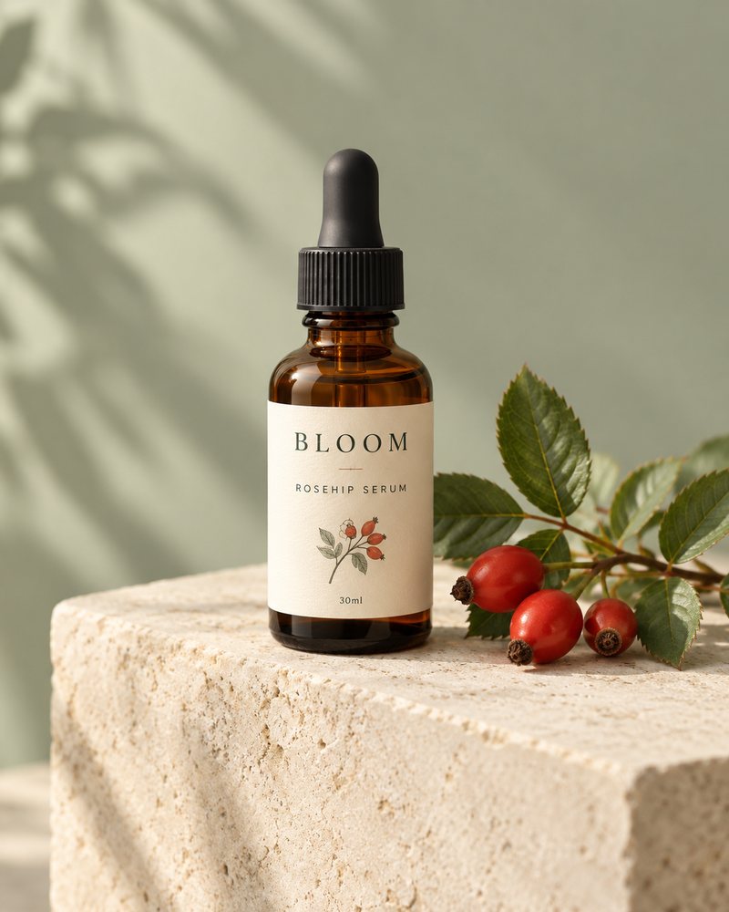 Bloom amber serum bottle on limestone