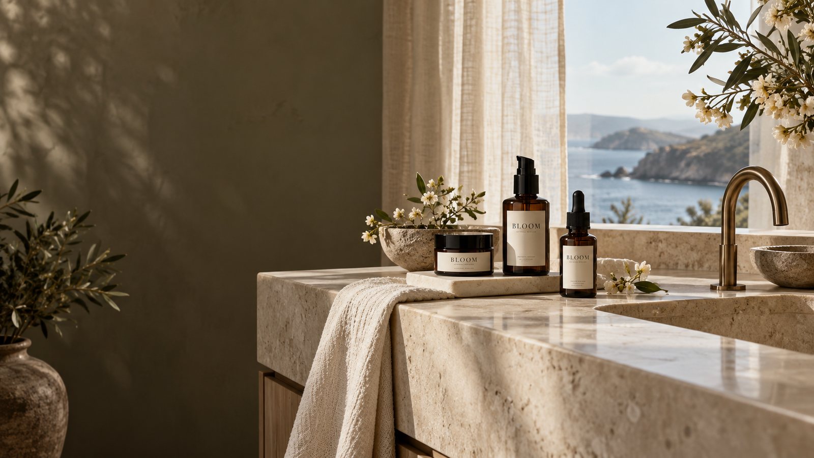 Bloom skincare on a limestone vanity beside a coastal window