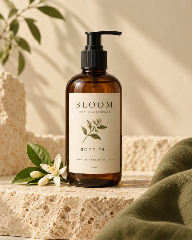 Bloom amber body-oil bottle with a black pump