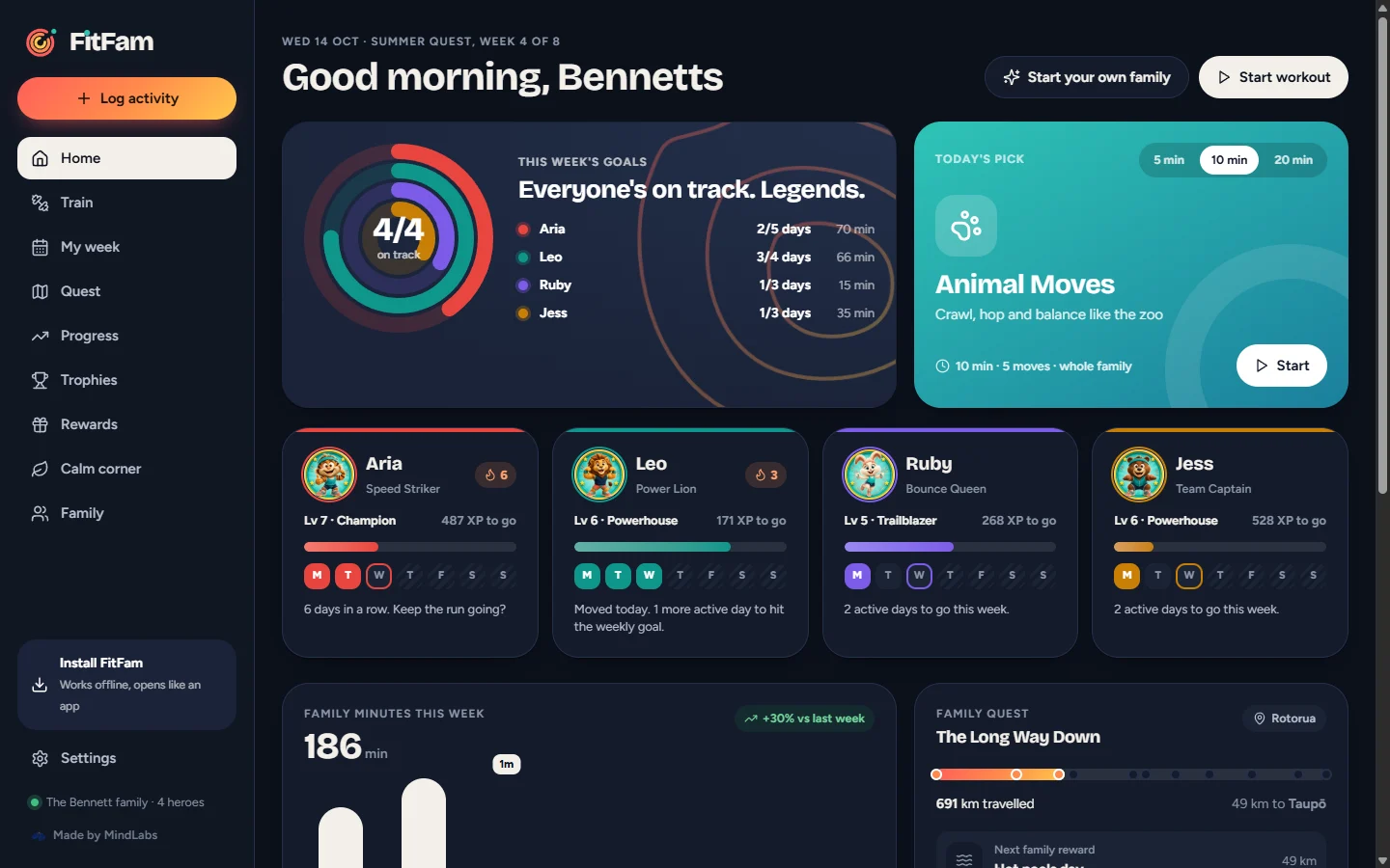 FitFam's home: everyone's weekly goal rings, today's pick, each hero's level and streak