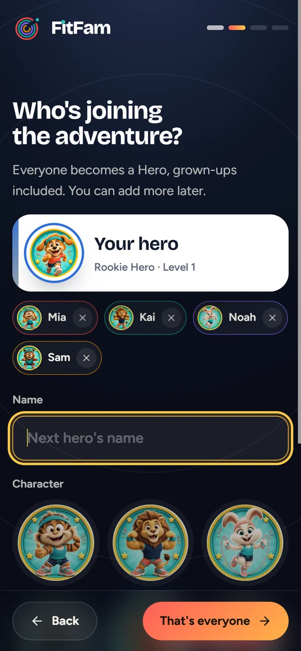 “Who's joining the adventure?”, with four heroes added, each with a character and colour