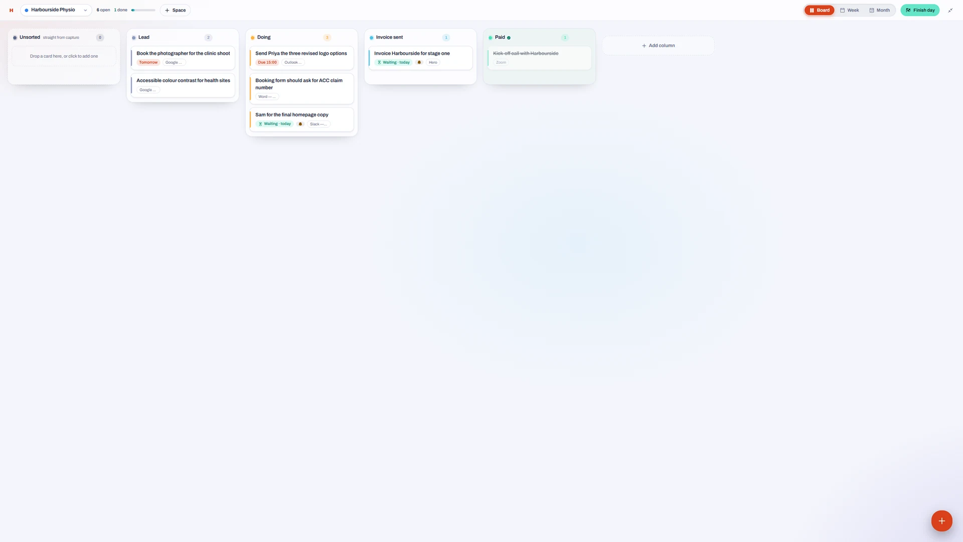 A client board with columns for Lead, Doing, Invoice sent and Paid