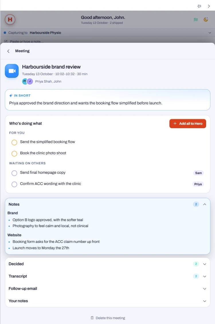 Meeting notes in Hero: in short, who is doing what, notes and decisions