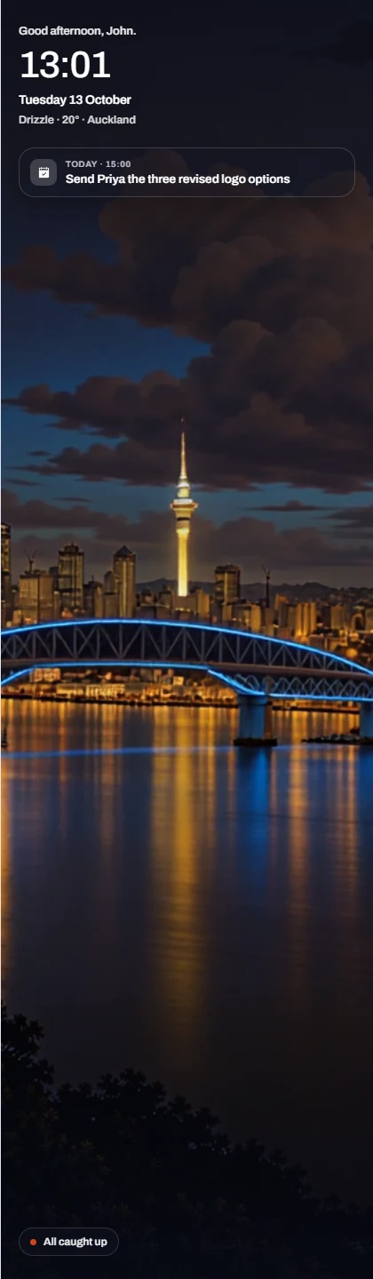 Hero’s sleep screen: Auckland at night behind the clock and today’s reminder