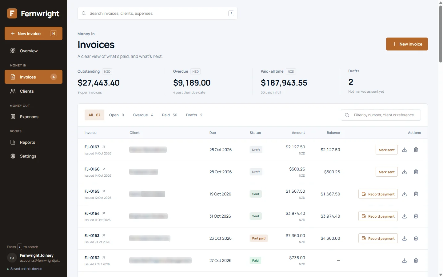 The invoice list: outstanding, overdue and paid totals, then every invoice with its status and balance