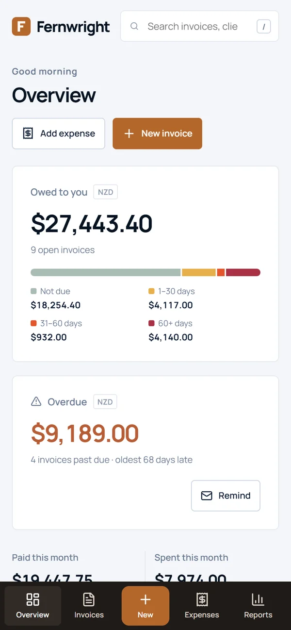 The overview on a phone: owed to you, overdue, and a bottom tab bar