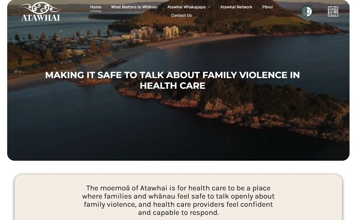 Atawhai's home page: sunrise over the harbour, and the line “Making it safe to talk about family violence in health care”