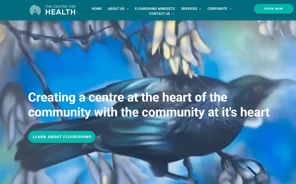 The Centre for Health's home page: a painted native bird behind the line “Creating a centre at the heart of the community”, with the menu across the top