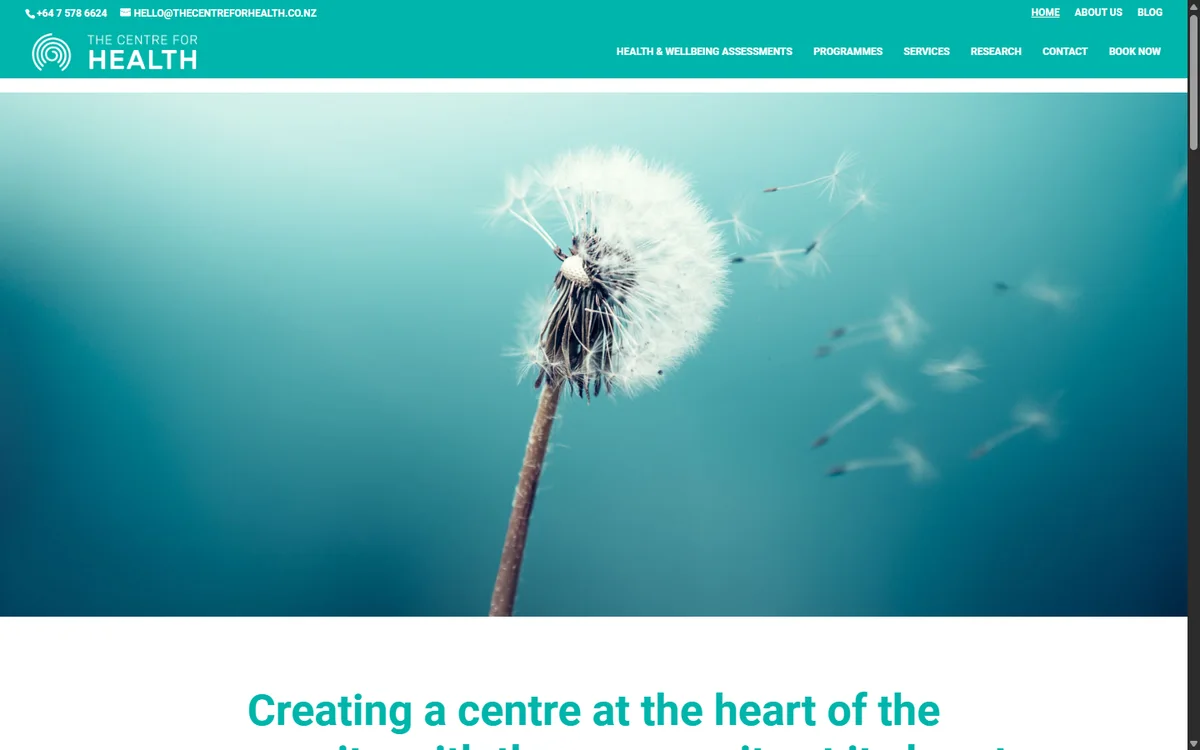 The old Centre for Health home page: a dandelion photo under a teal menu
