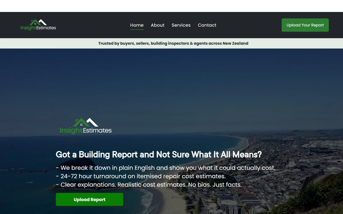 Insight Estimates' home page: “Got a Building Report and Not Sure What It All Means?” over a photo of Tauranga