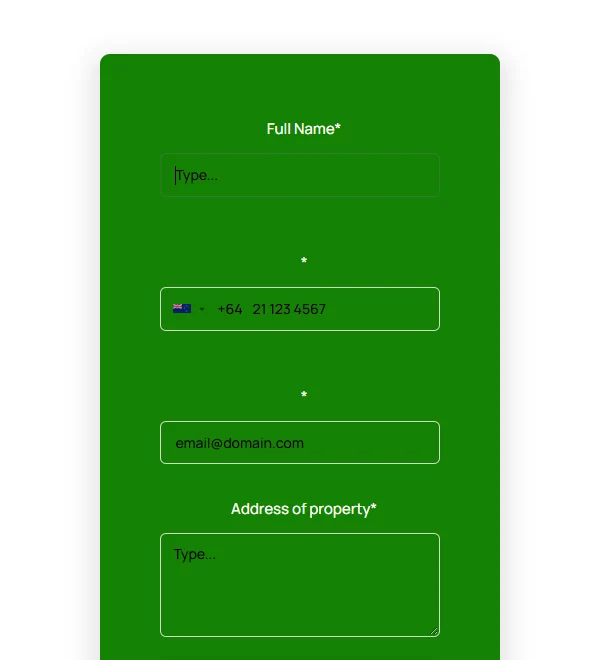 The form asks for a full name, phone, email and the address of the property