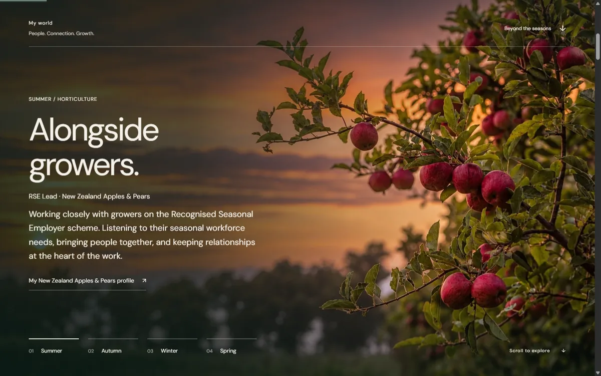 Nat Bond's site in summer: an apple tree heavy with fruit at sunset, and the line “Alongside growers.”