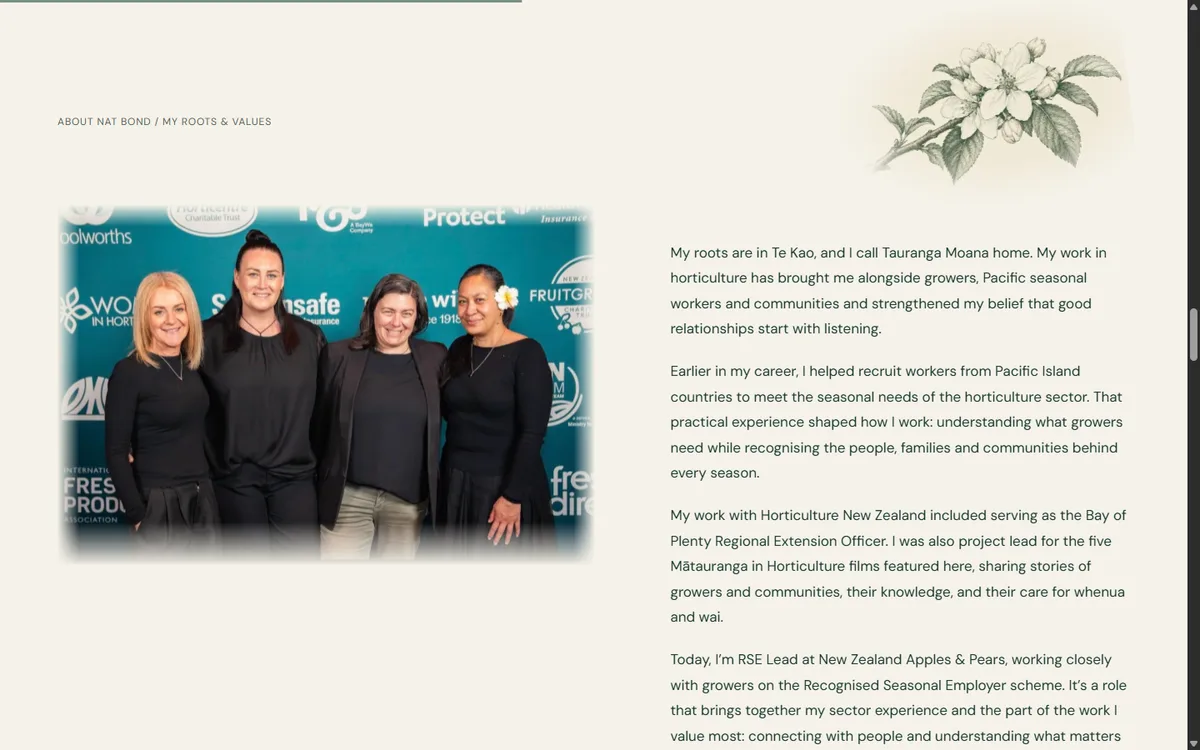 About Nat: her roots and values, beside a photo of Nat and her team
