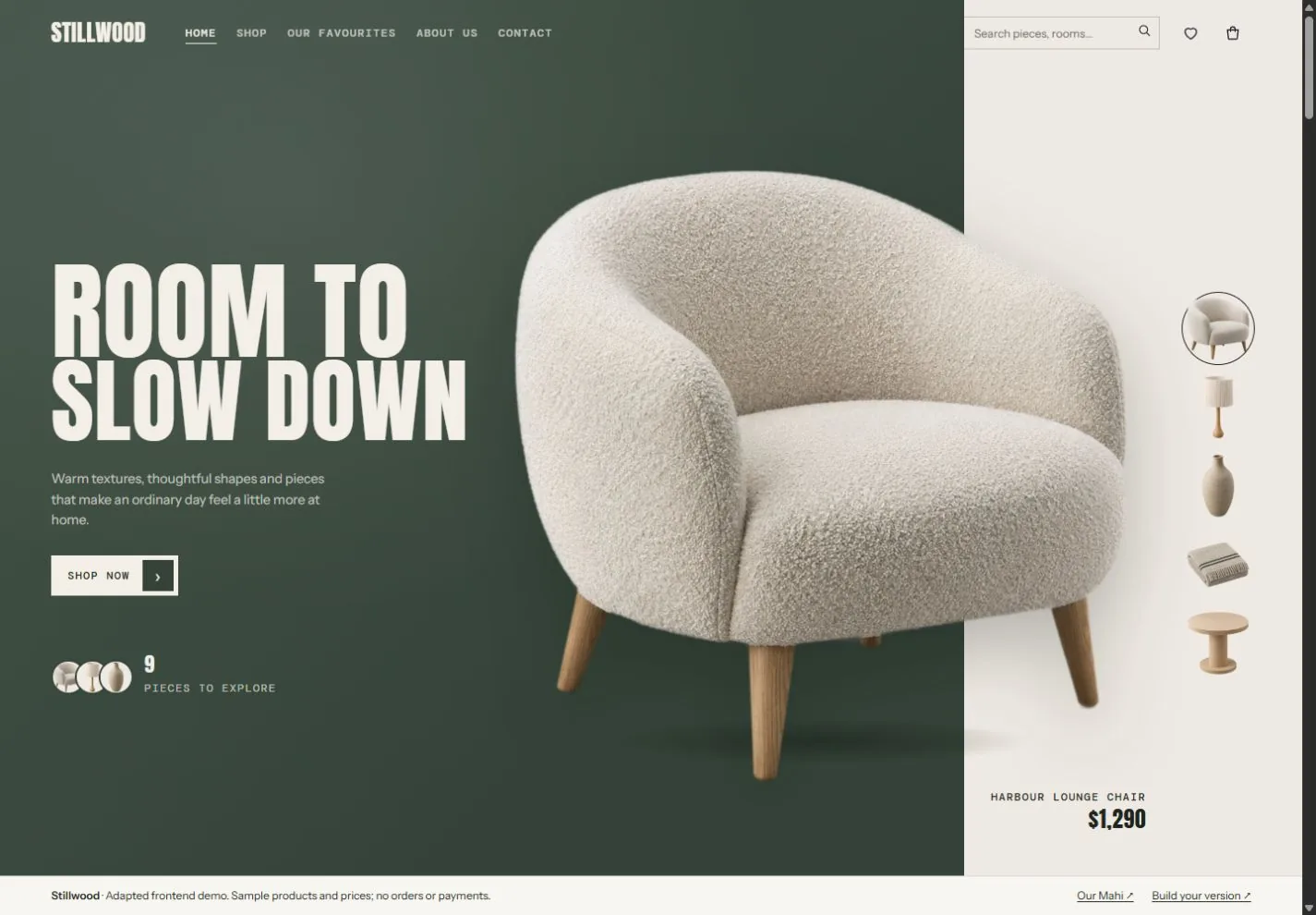 Stillwood’s homeware storefront with a warm olive panel, lounge chair and product selector