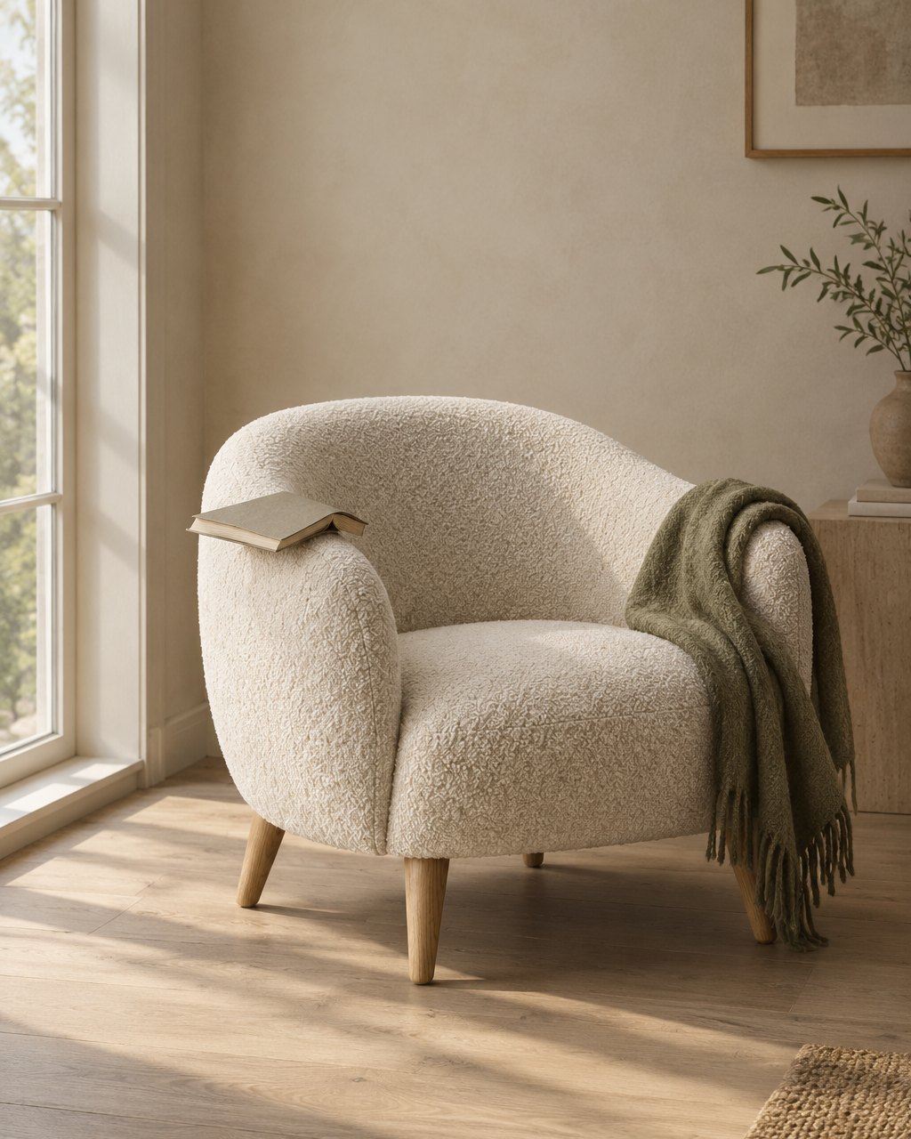 Harbour lounge chair beside a window with a book on the armrest