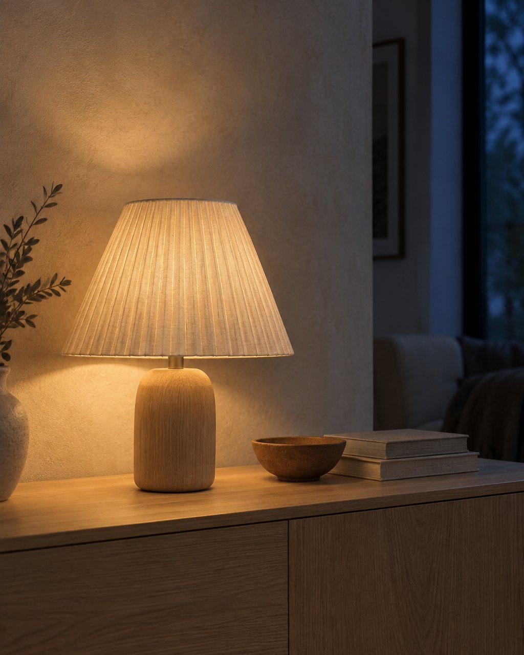 Dune table lamp glowing on an oak sideboard at dusk