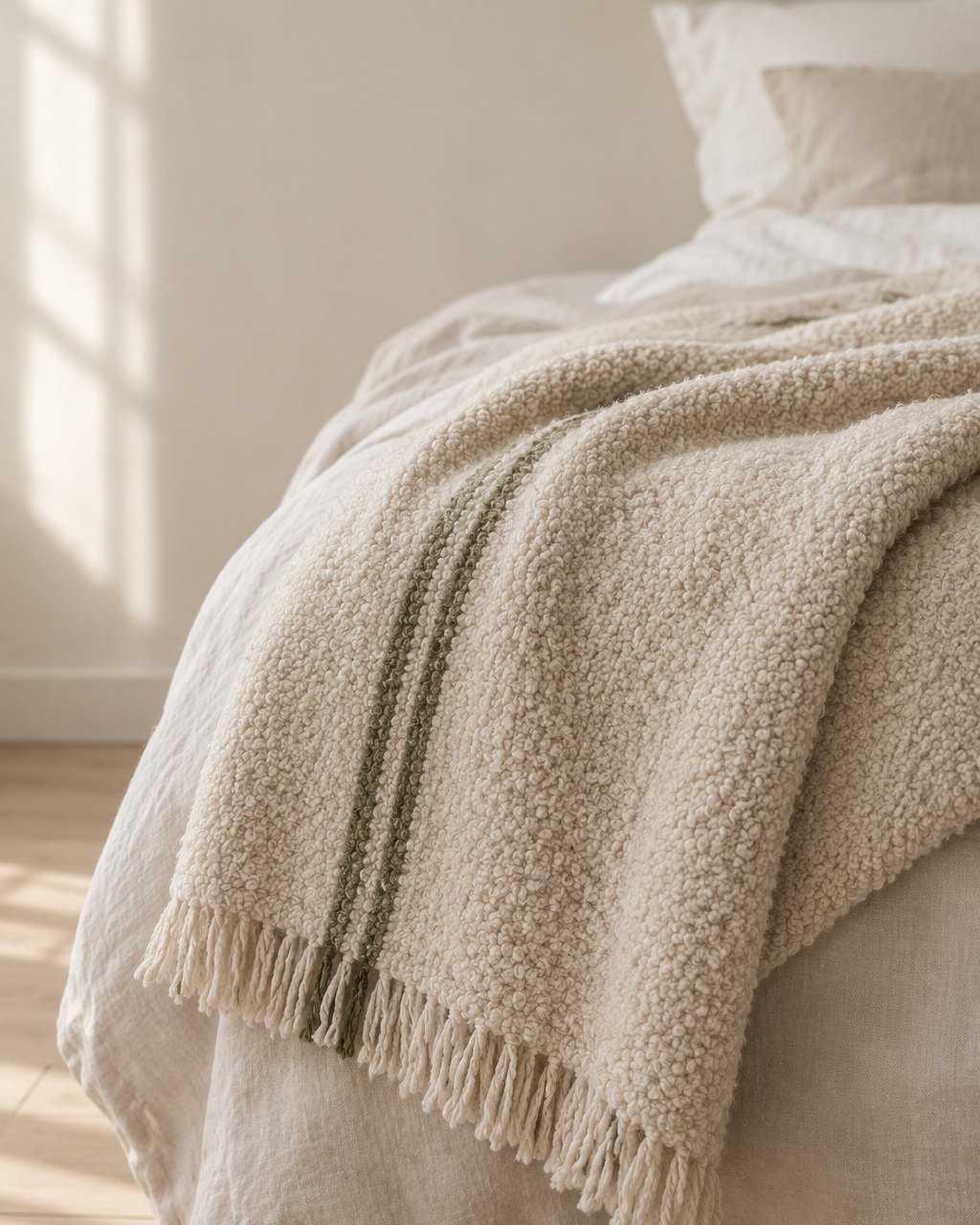 Moss wool throw draped over the end of a linen bed