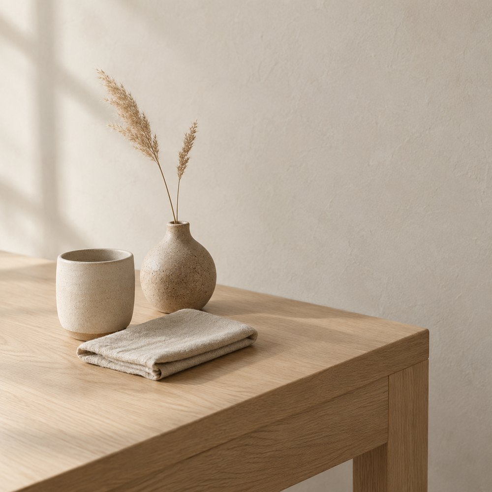 An oak desk with a ceramic cup and a folded linen napkin