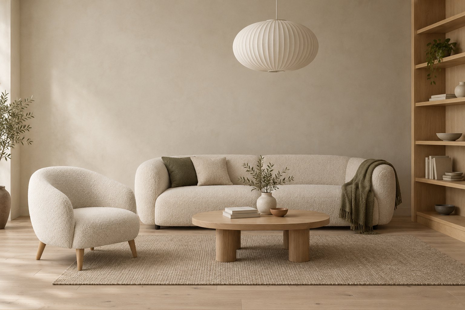 A calm living room with a bouclé sofa, oak shelving and afternoon light
