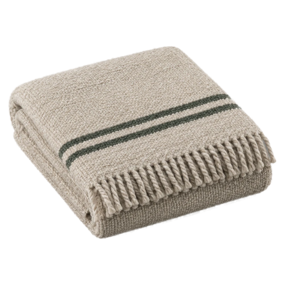 Moss wool throw folded, in oat and moss stripes